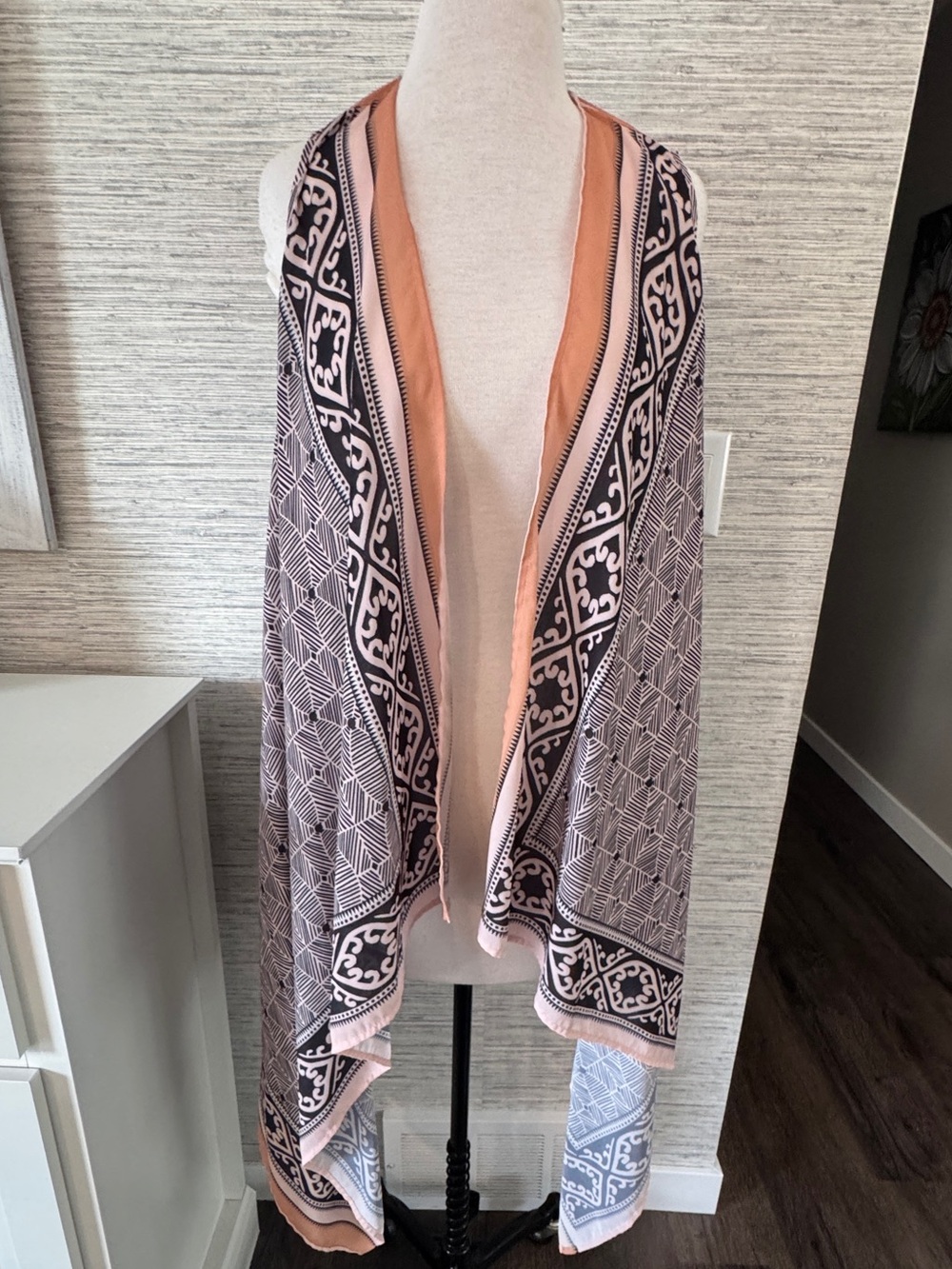 Women's Patterned Open Front Drape Coatigan - Blush Pink/navy